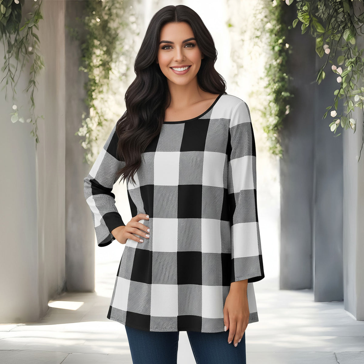 Long Sleeve Round Neck Tunic - Plaid