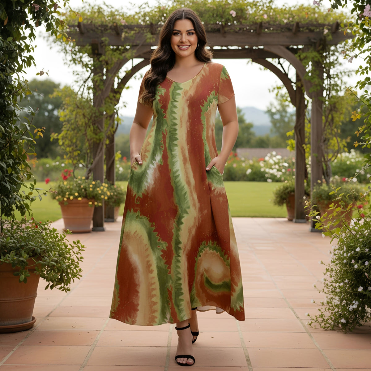 Short Sleeve Maxi Dress with Pockets - Abstract