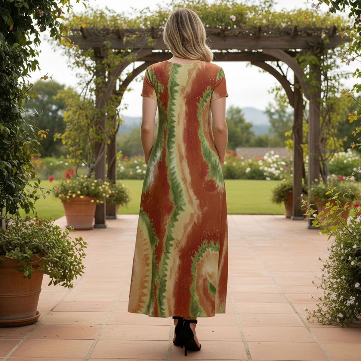 Short Sleeve Maxi Dress with Pockets - Abstract