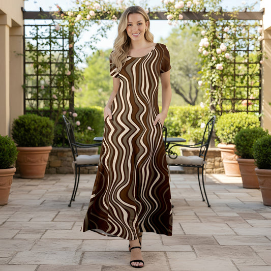Short Sleeve Maxi Dress with Pockets - Abstract