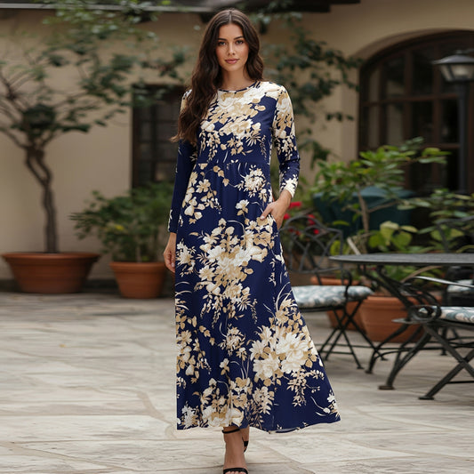 Long Sleeve Fit-and Flare Maxi Dress with Pockets - Floral