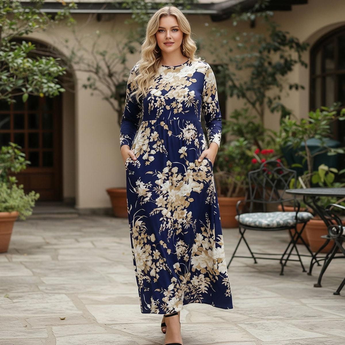 Long Sleeve Fit-and Flare Maxi Dress with Pockets - Floral