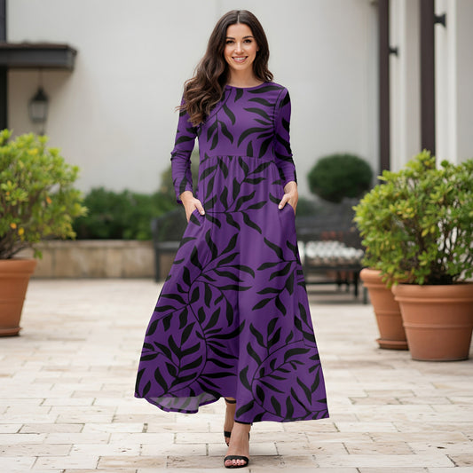 Long Sleeve Fit-and Flare Maxi Dress with Pockets - Floral