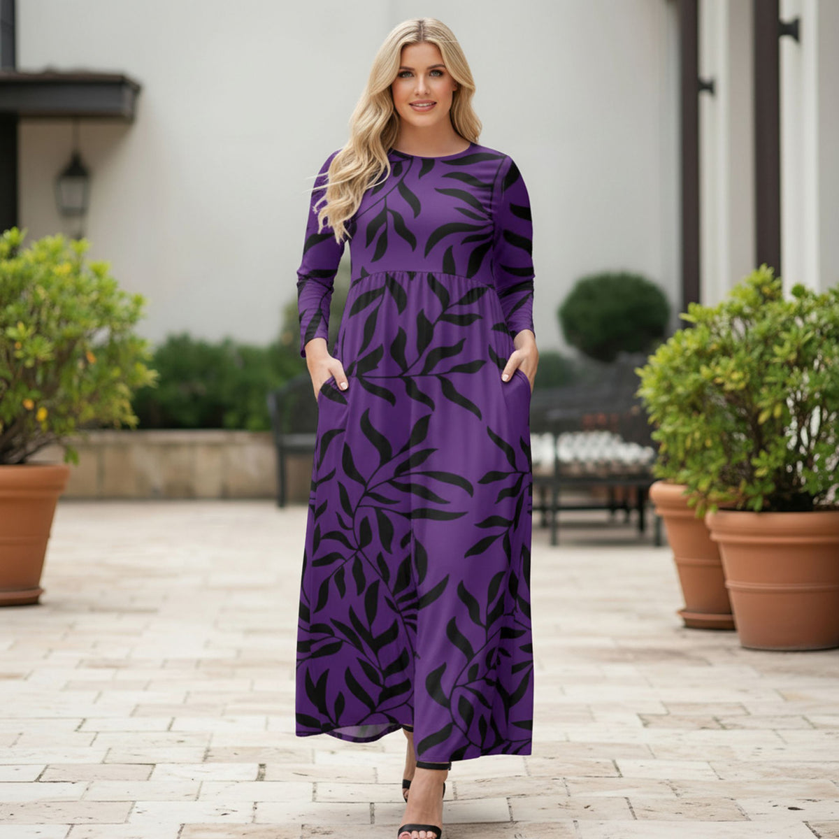 Long Sleeve Fit-and Flare Maxi Dress with Pockets - Floral