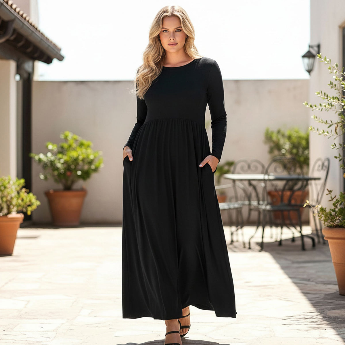 Long Sleeve Fit-and Flare Maxi Dress with Pockets