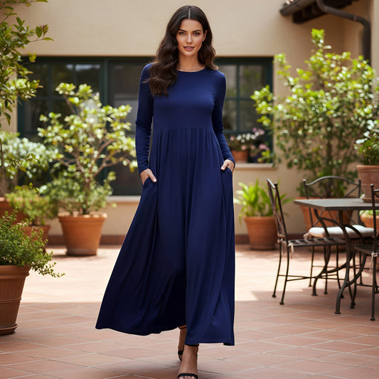 Long Sleeve Fit-and Flare Maxi Dress with Pockets