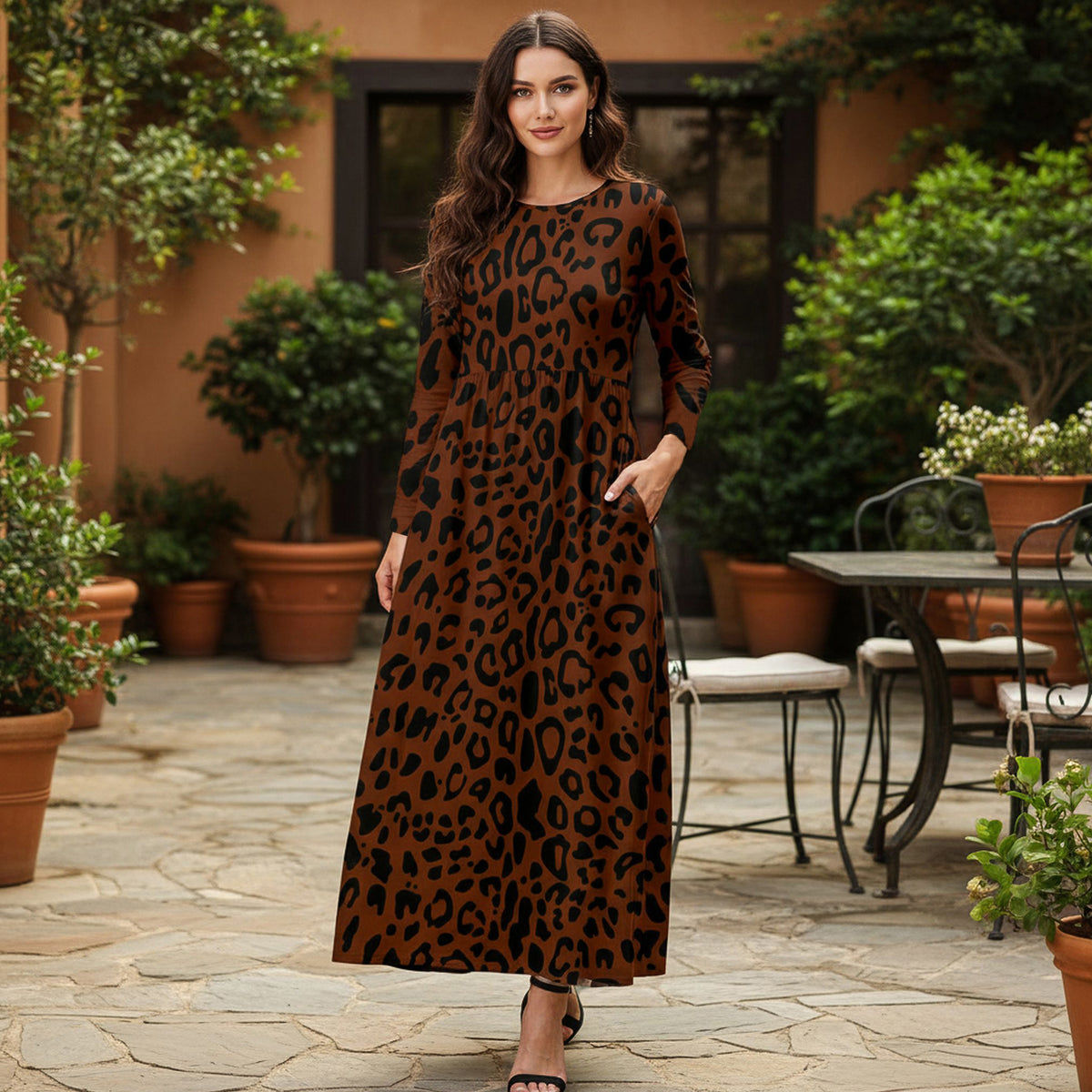 Long Sleeve Fit-and Flare Maxi Dress with Pockets - Animal Print