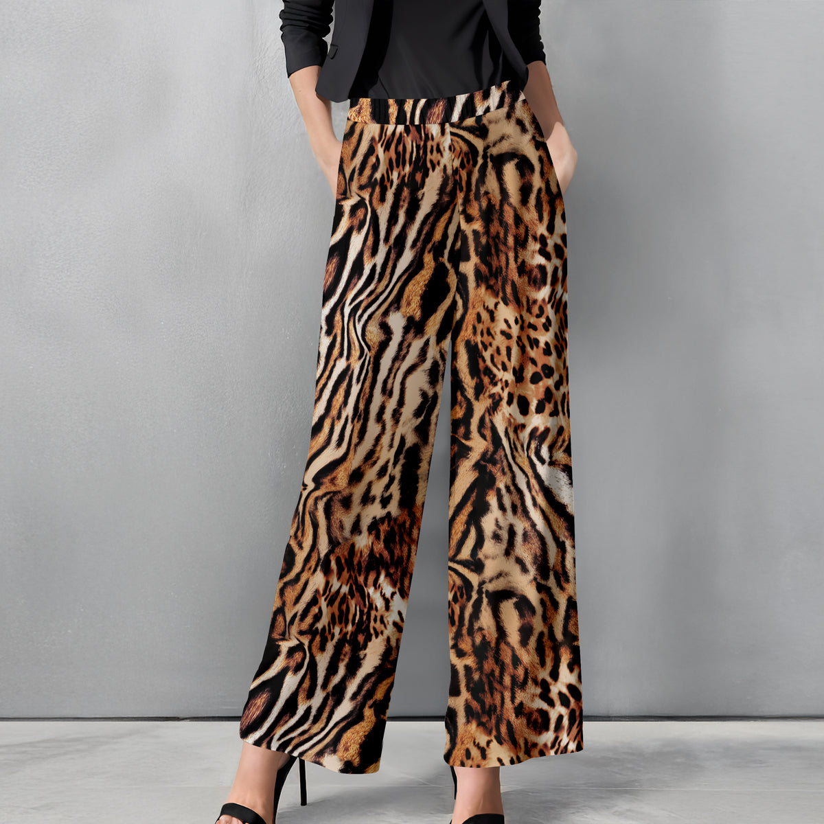 Straight Leg Pants with Pockets - Animal Print