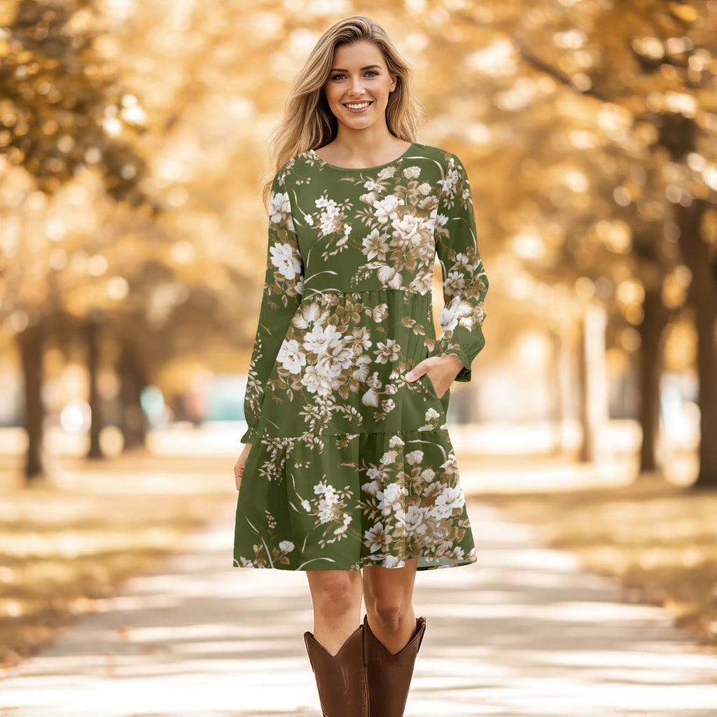 Long Sleeve Ruffle Cuff Tiered Dress with Pockets - Floral