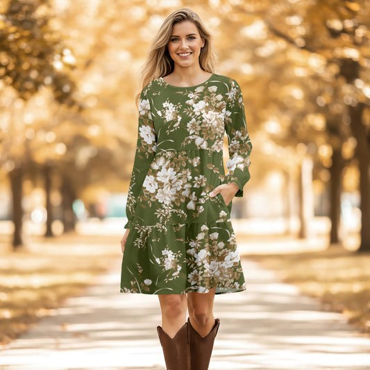 Long Sleeve Ruffle Cuff Tiered Dress with Pockets - Floral