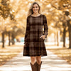 Long Sleeve Ruffle Cuff Tiered Dress with Pockets - Plaid