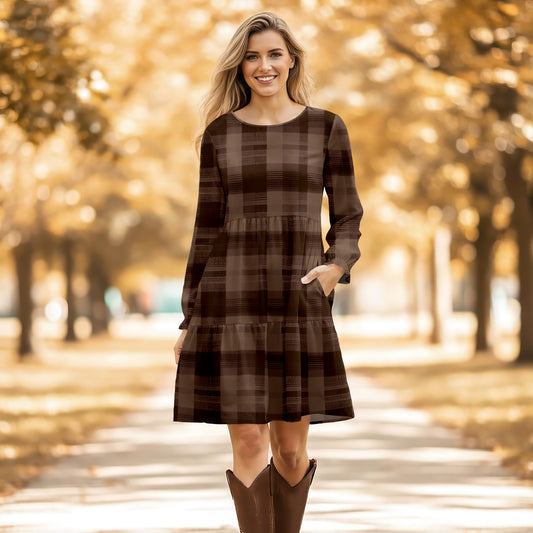Long Sleeve Ruffle Cuff Tiered Dress with Pockets - Plaid