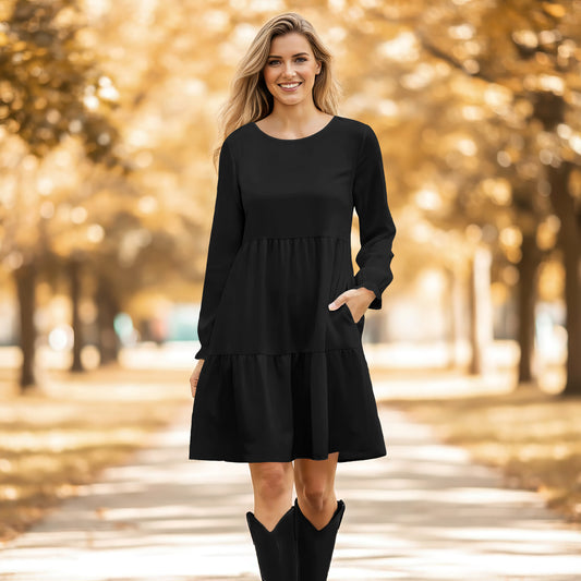 Long Sleeve Ruffle Cuff Tiered Dress with Pockets