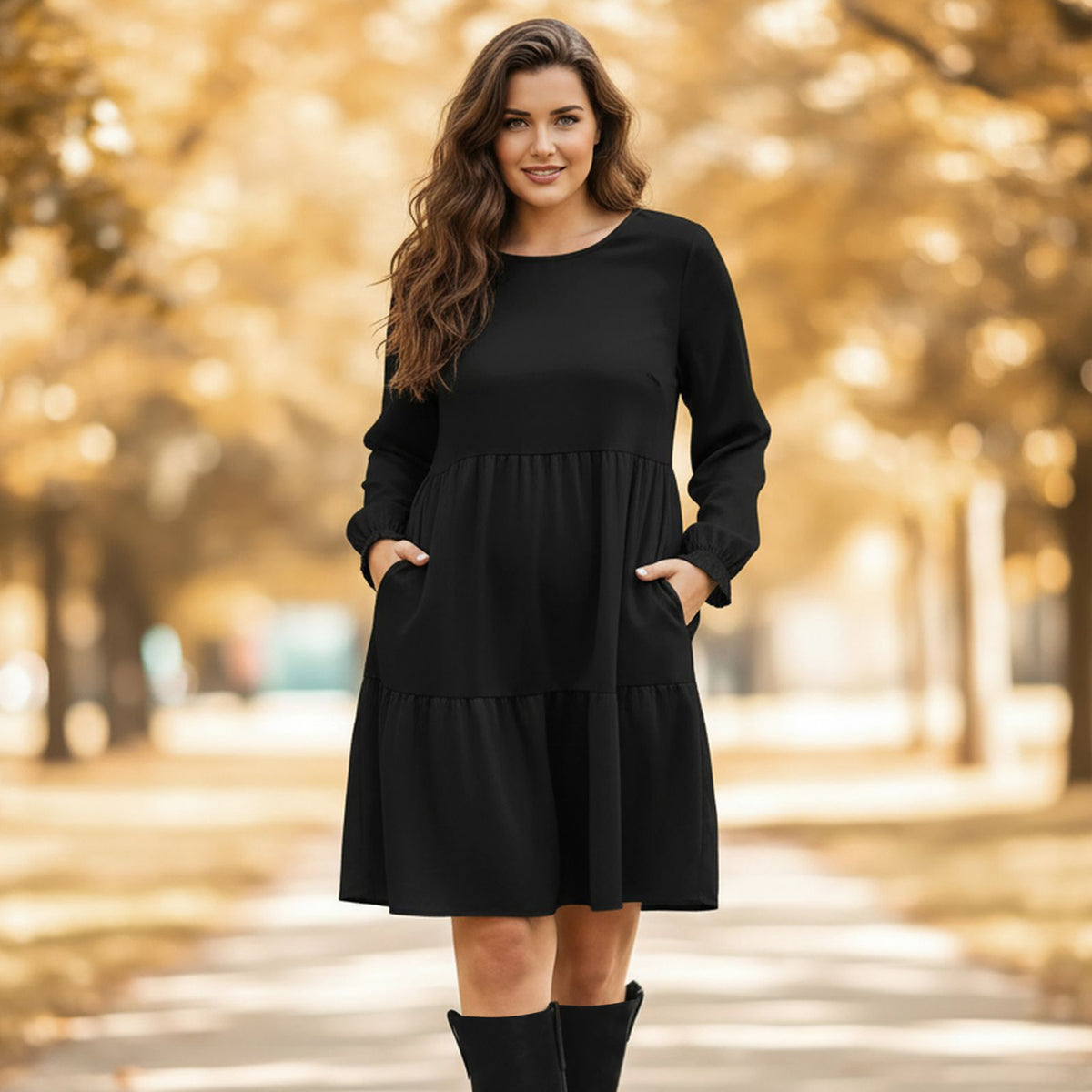 Long Sleeve Ruffle Cuff Tiered Dress with Pockets
