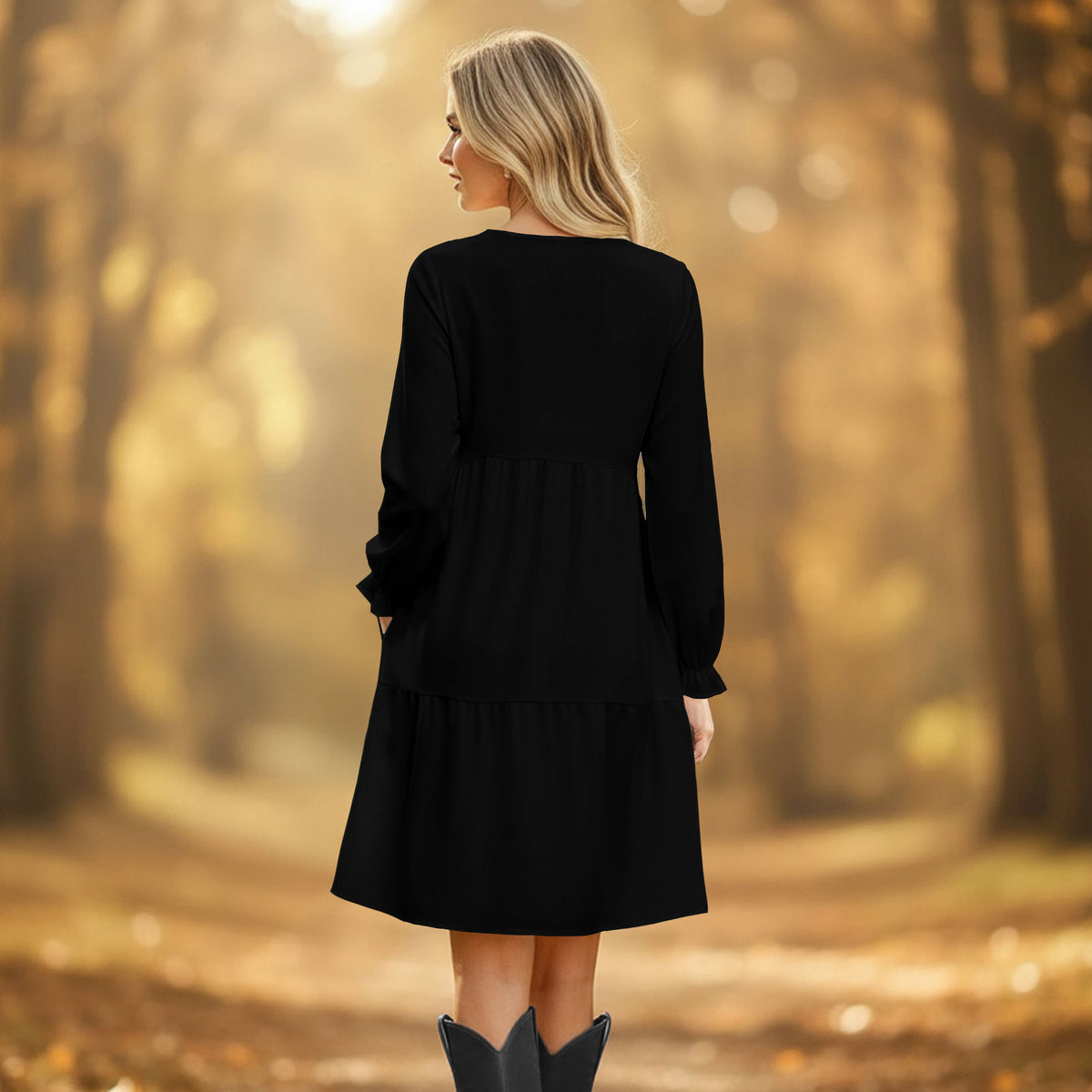 Long Sleeve Ruffle Cuff Tiered Dress with Pockets