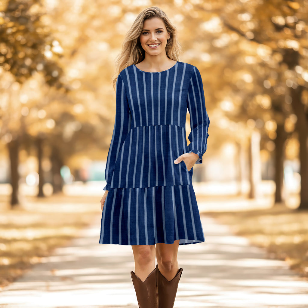 Long Sleeve Ruffle Cuff Tiered Dress with Pockets - Stripes