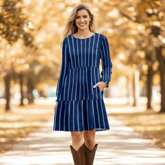 Long Sleeve Ruffle Cuff Tiered Dress with Pockets - Stripes