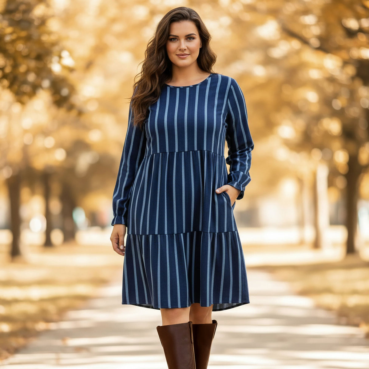 Long Sleeve Ruffle Cuff Tiered Dress with Pockets - Stripes