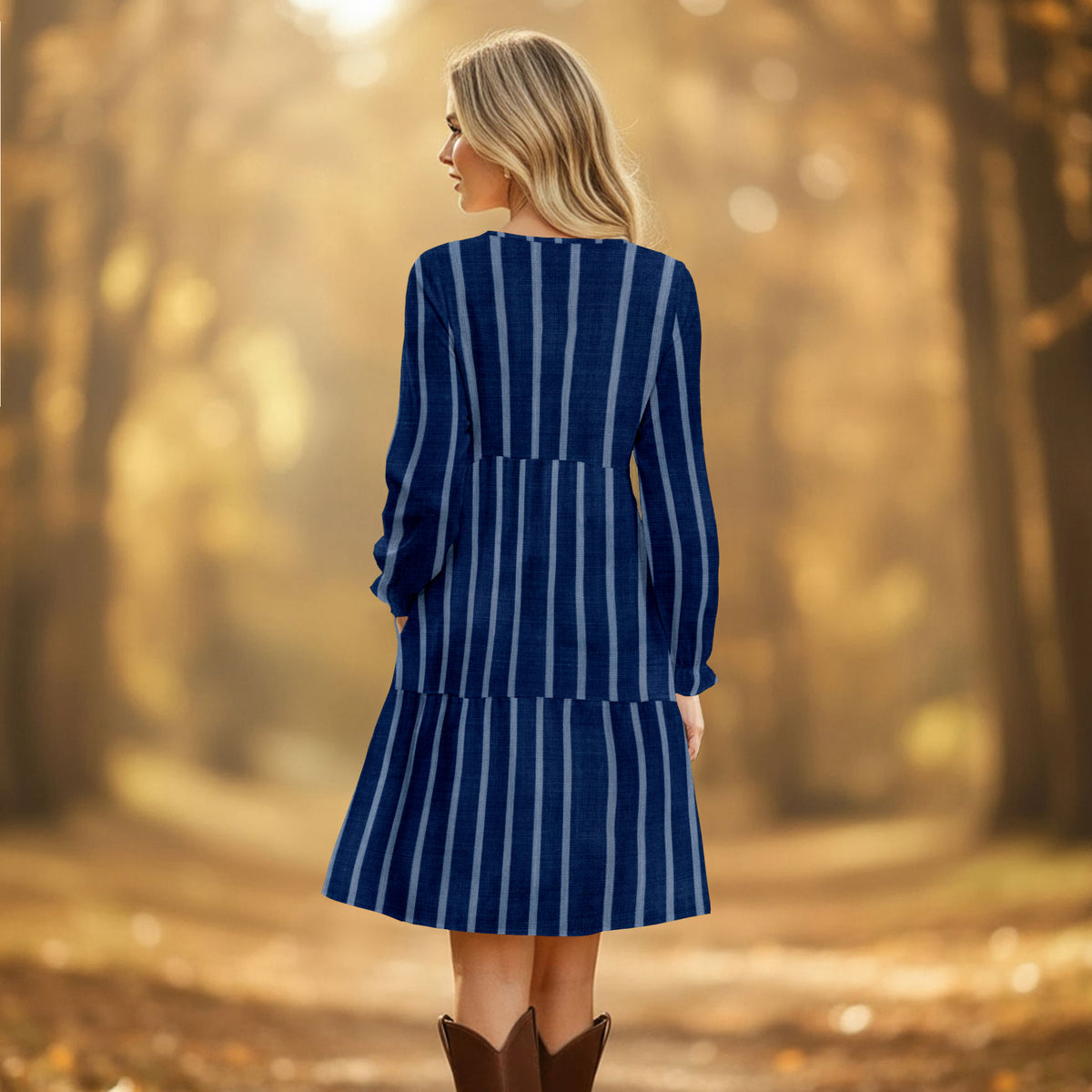 Long Sleeve Ruffle Cuff Tiered Dress with Pockets - Stripes