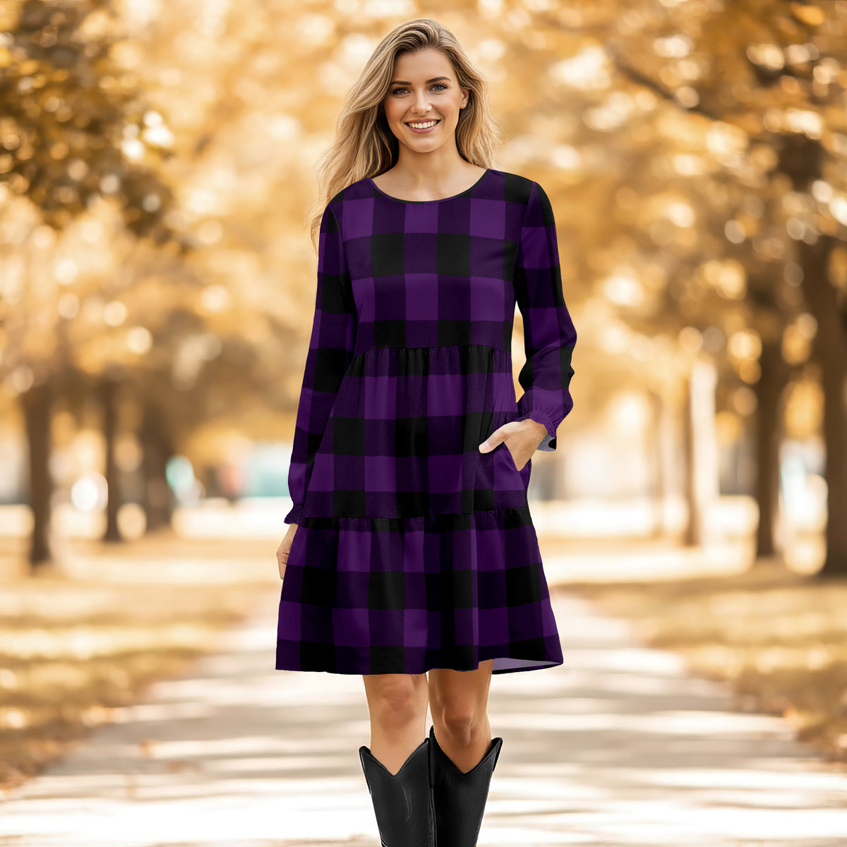 Long Sleeve Ruffle Cuff Tiered Dress with Pockets - Plaid