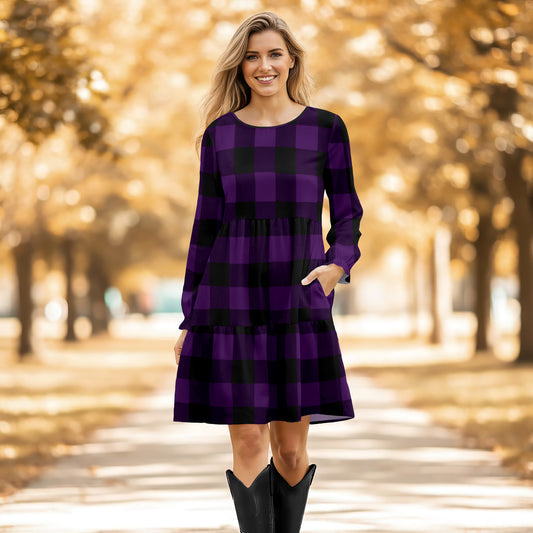 Long Sleeve Ruffle Cuff Tiered Dress with Pockets - Plaid