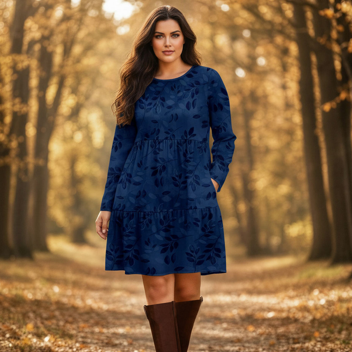 Long Sleeve Ruffle Cuff Tiered Dress with Pockets - Floral