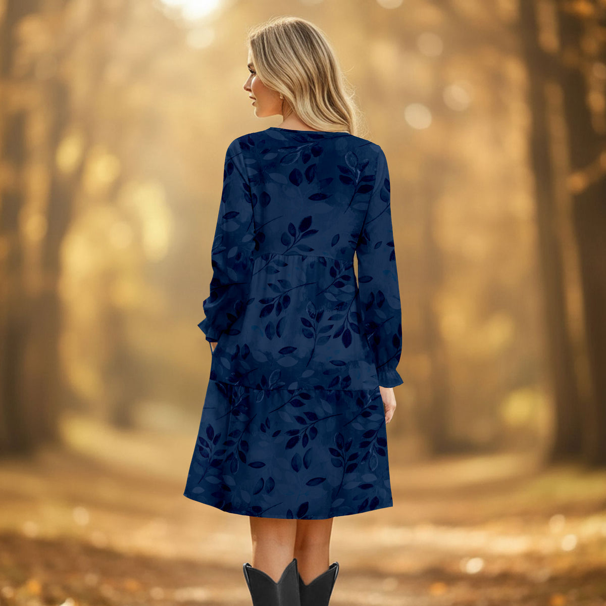 Long Sleeve Ruffle Cuff Tiered Dress with Pockets - Floral