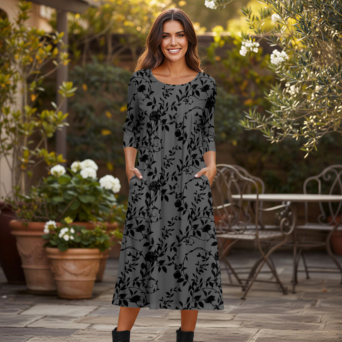 Three Quarter Sleeve Pleated Midi Dress with Pockets - Floral