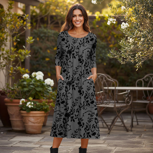 Three Quarter Sleeve Pleated Midi Dress with Pockets - Floral