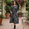 Three Quarter Sleeve Pleated Midi Dress with Pockets - Floral