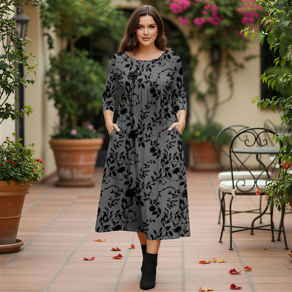 Three Quarter Sleeve Pleated Midi Dress with Pockets - Floral