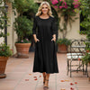 Three Quarter Sleeve Pleated Midi Dress with Pockets