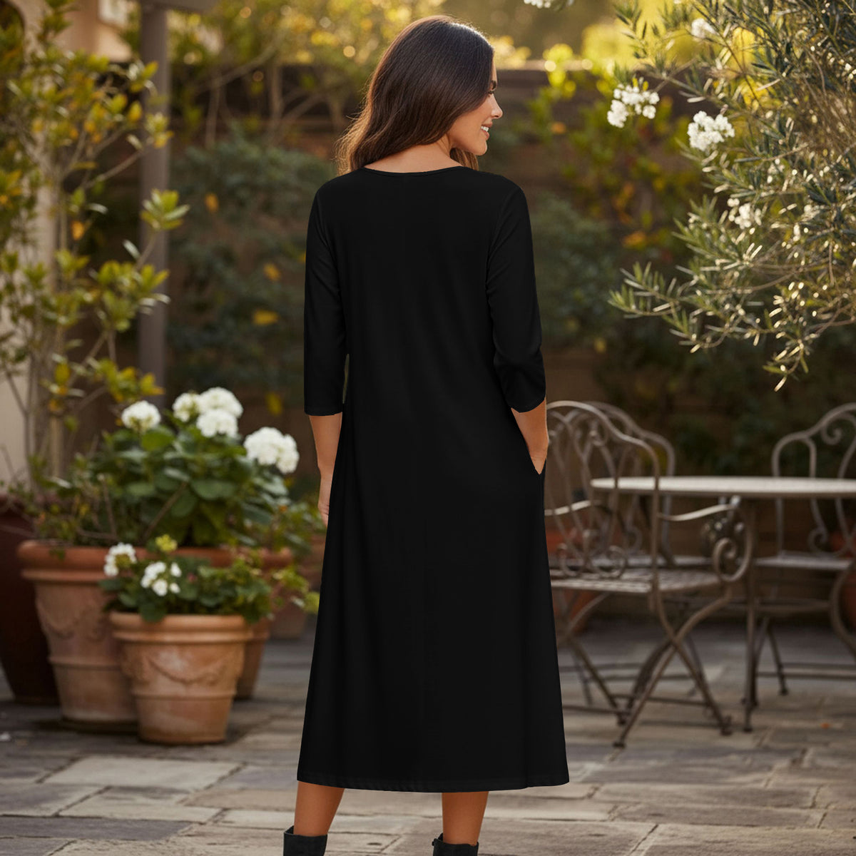 Three Quarter Sleeve Pleated Midi Dress with Pockets