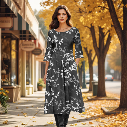Three Quarter Sleeve Midi Dress with Pockets - Floral
