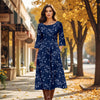 Three Quarter Sleeve Midi Dress with Pockets - Floral