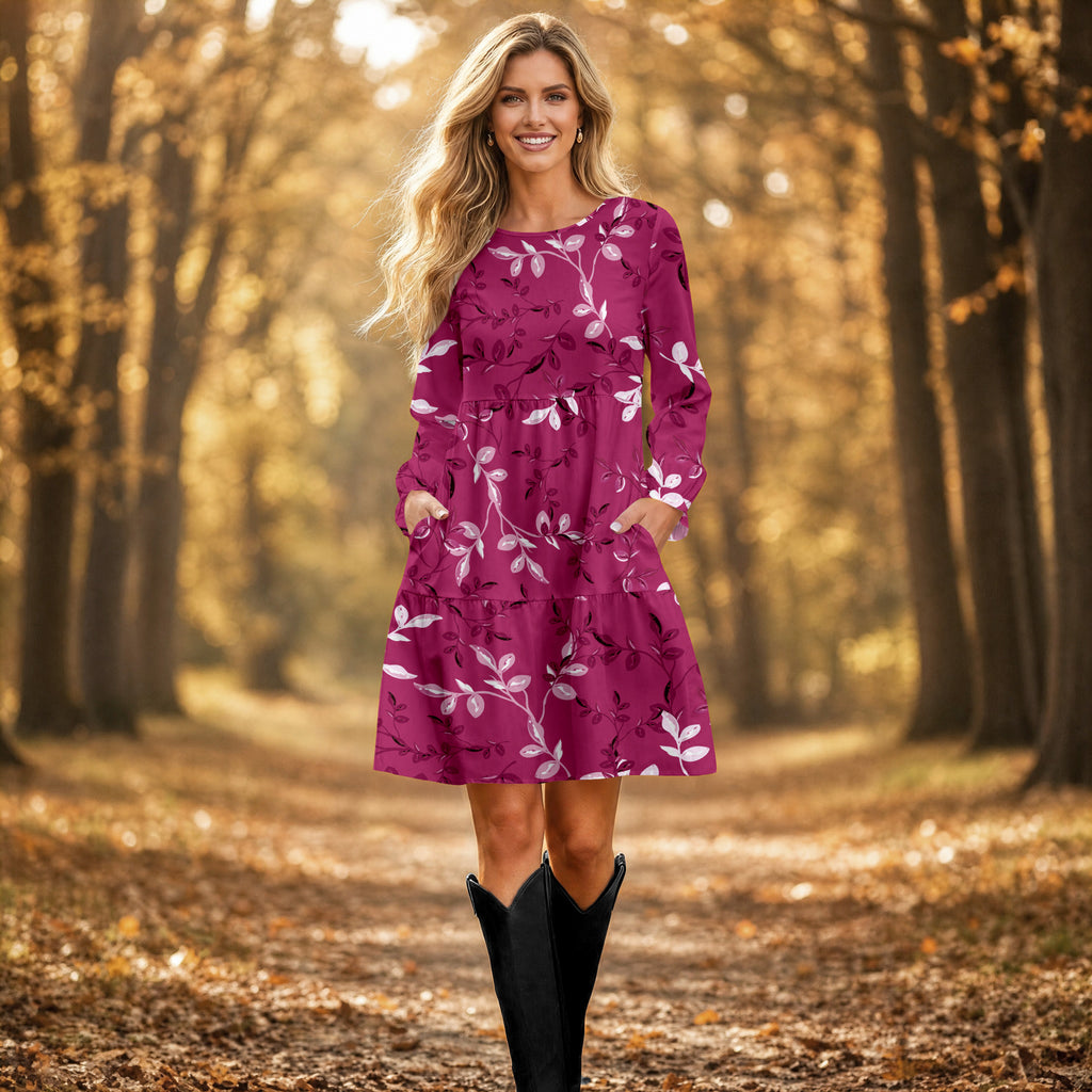 Long Sleeve Ruffle Cuff Tiered Dress with Pockets - Floral