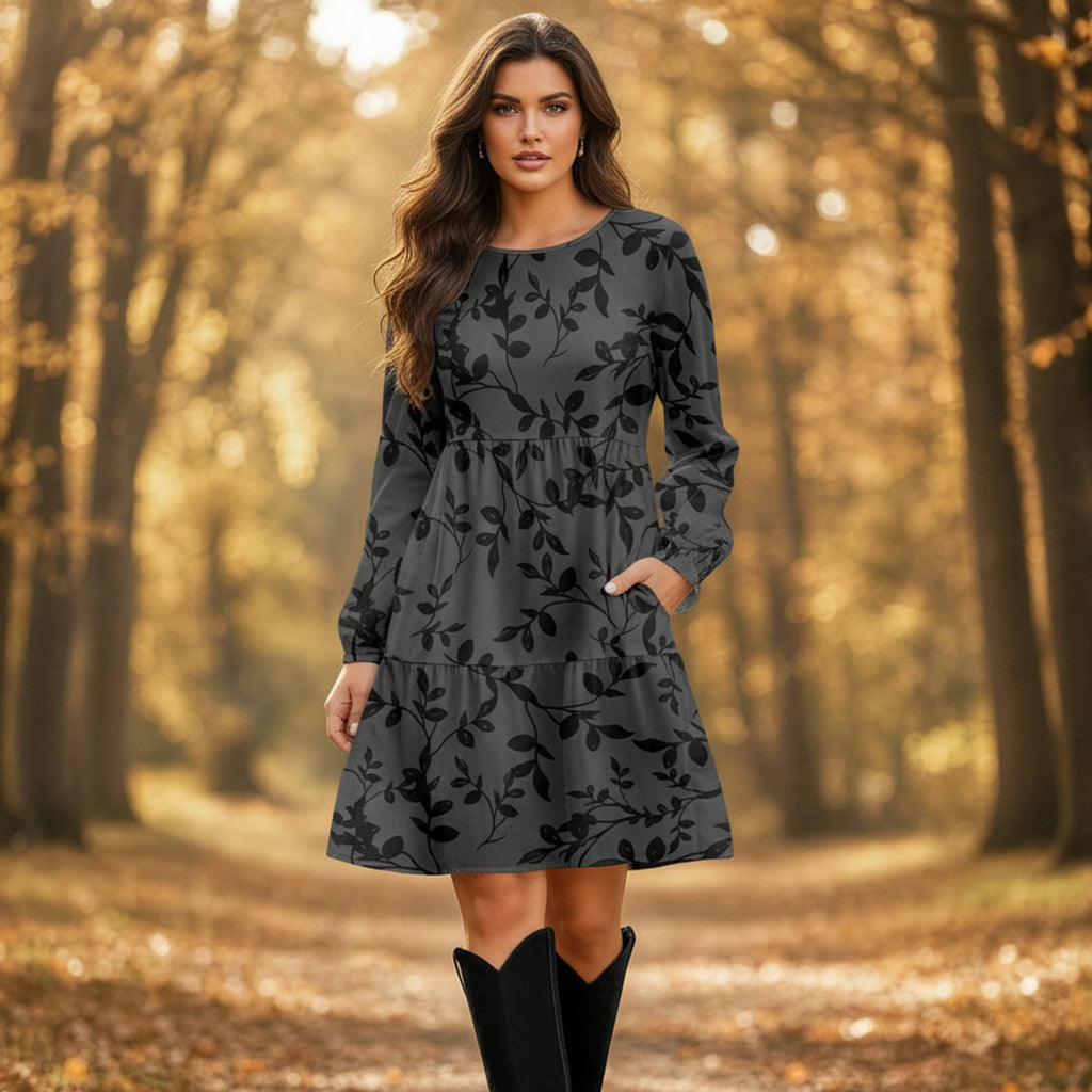 Long Sleeve Ruffle Cuff Tiered Dress with Pockets - Floral