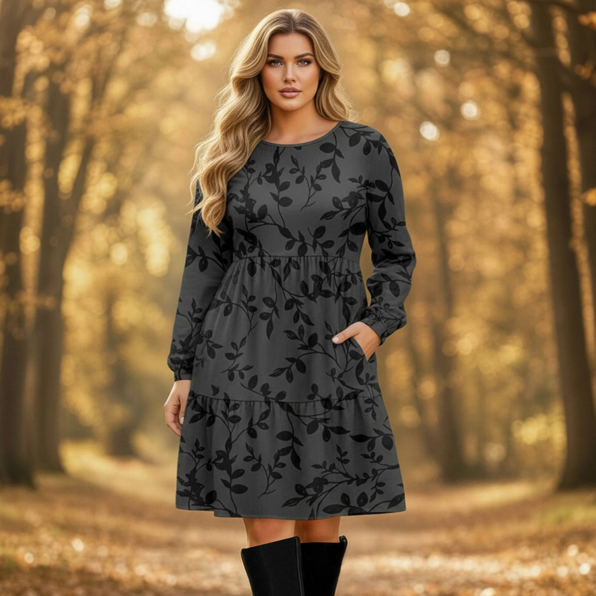 Long Sleeve Ruffle Cuff Tiered Dress with Pockets - Floral