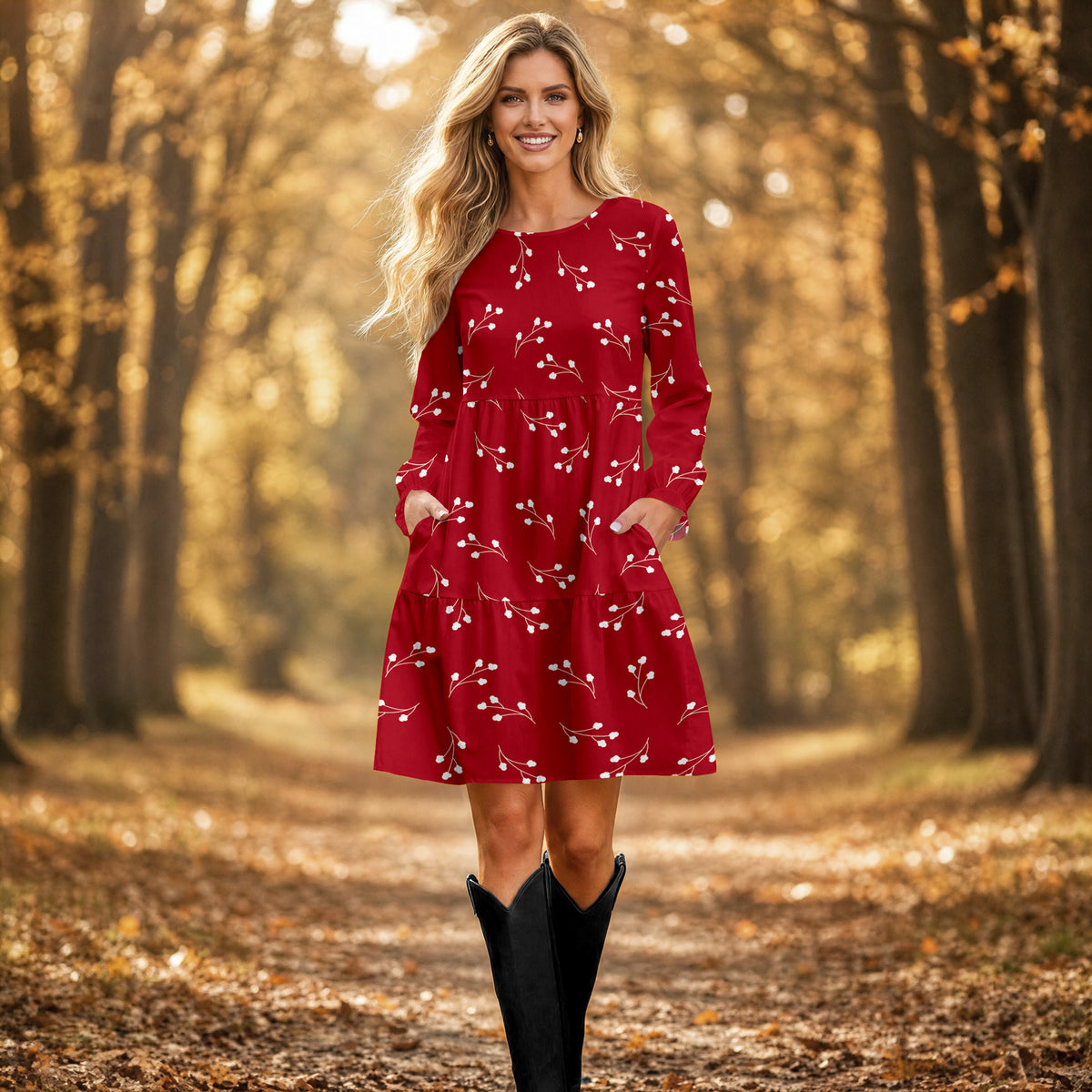 Long Sleeve Ruffle Cuff Tiered Dress with Pockets - Floral