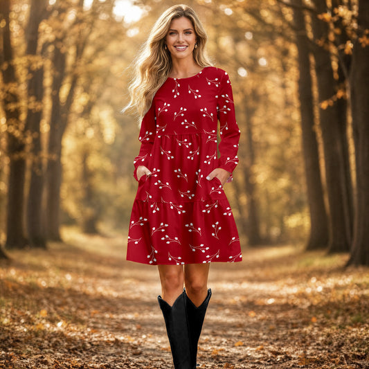 Long Sleeve Ruffle Cuff Tiered Dress with Pockets - Floral