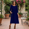 Three Quarter Sleeve Pleated Midi Dress with Pockets