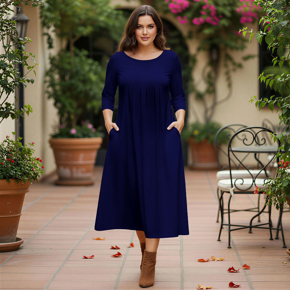 Three Quarter Sleeve Pleated Midi Dress with Pockets