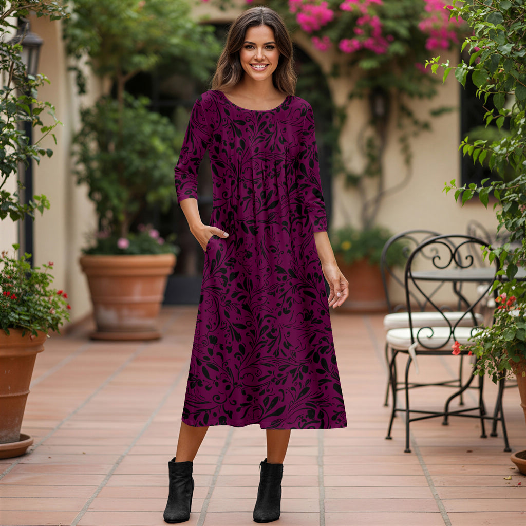 Three Quarter Sleeve Pleated Midi Dress with Pockets - Floral