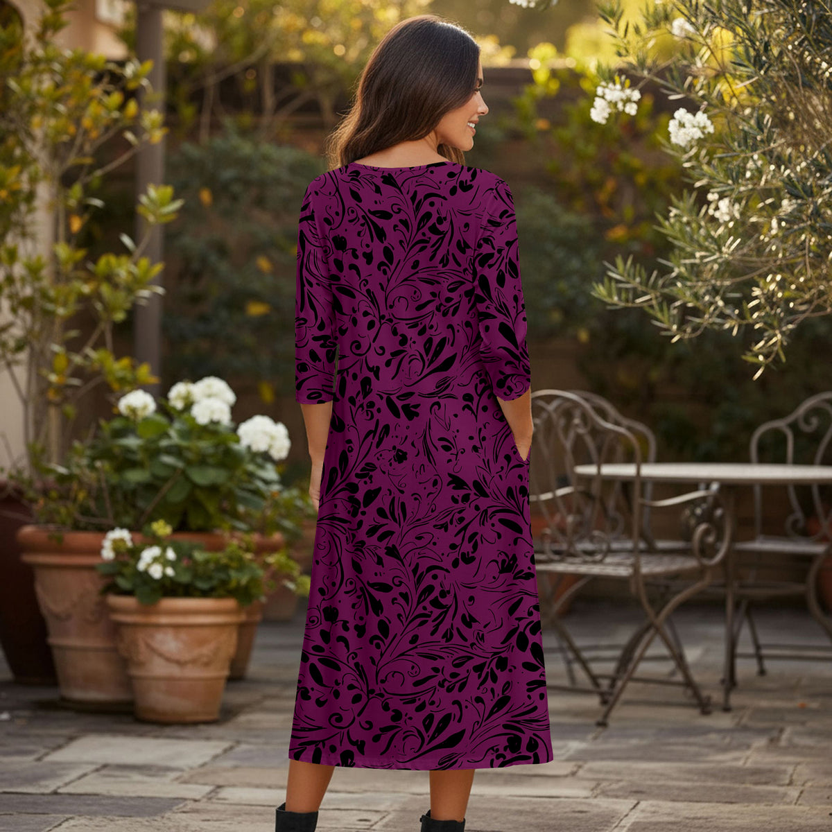 Three Quarter Sleeve Pleated Midi Dress with Pockets - Floral