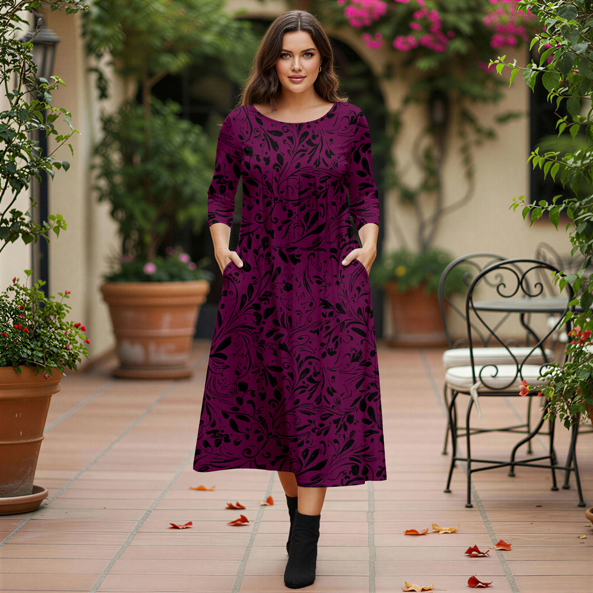 Three Quarter Sleeve Pleated Midi Dress with Pockets - Floral
