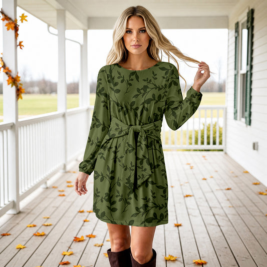 Long Sleeve Front Tie-Waist Dress - Floral