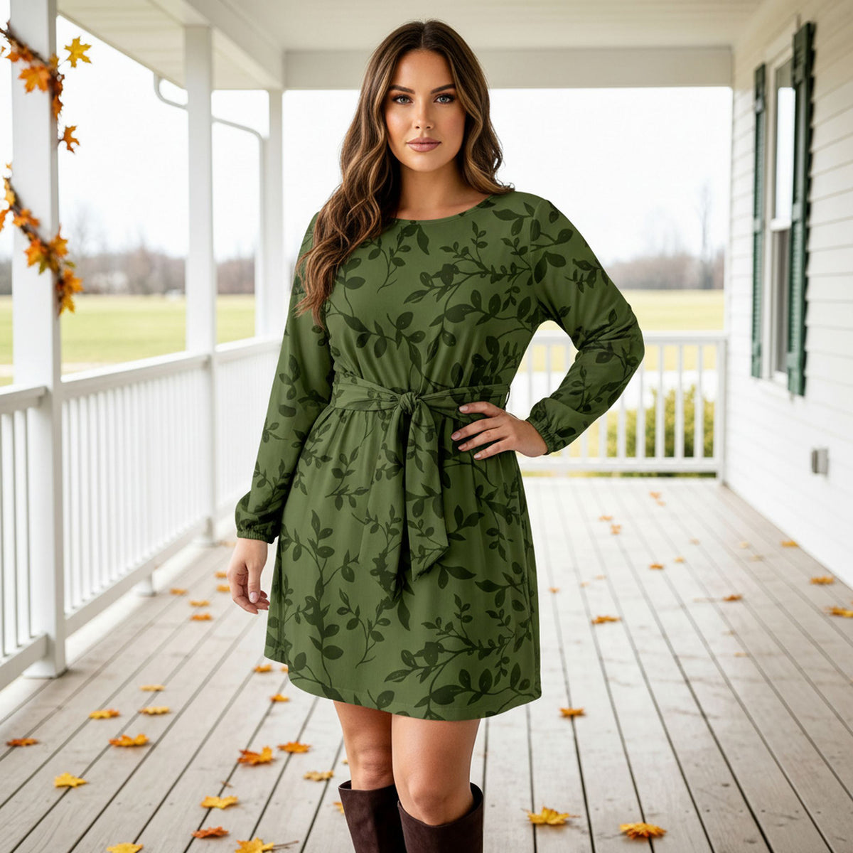 Long Sleeve Front Tie-Waist Dress - Floral