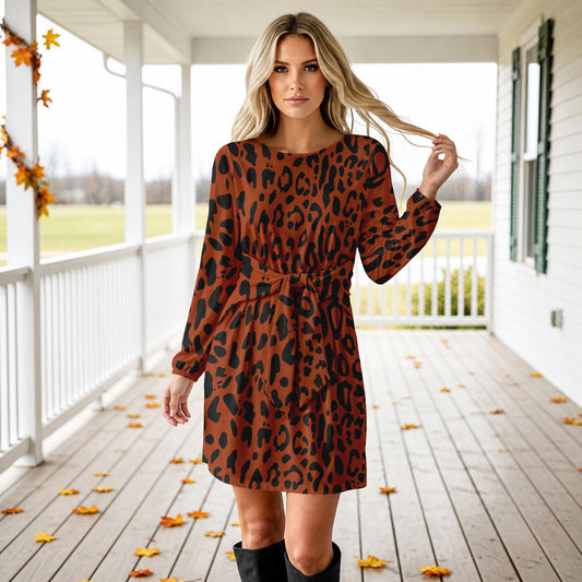 Long Sleeve Front Tie-Waist Dress - Animal Print