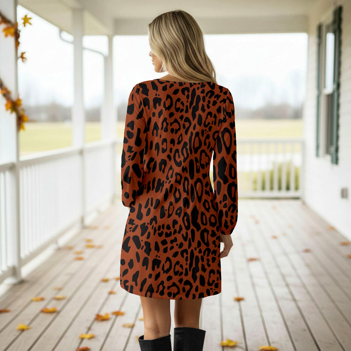 Long Sleeve Front Tie-Waist Dress - Animal Print