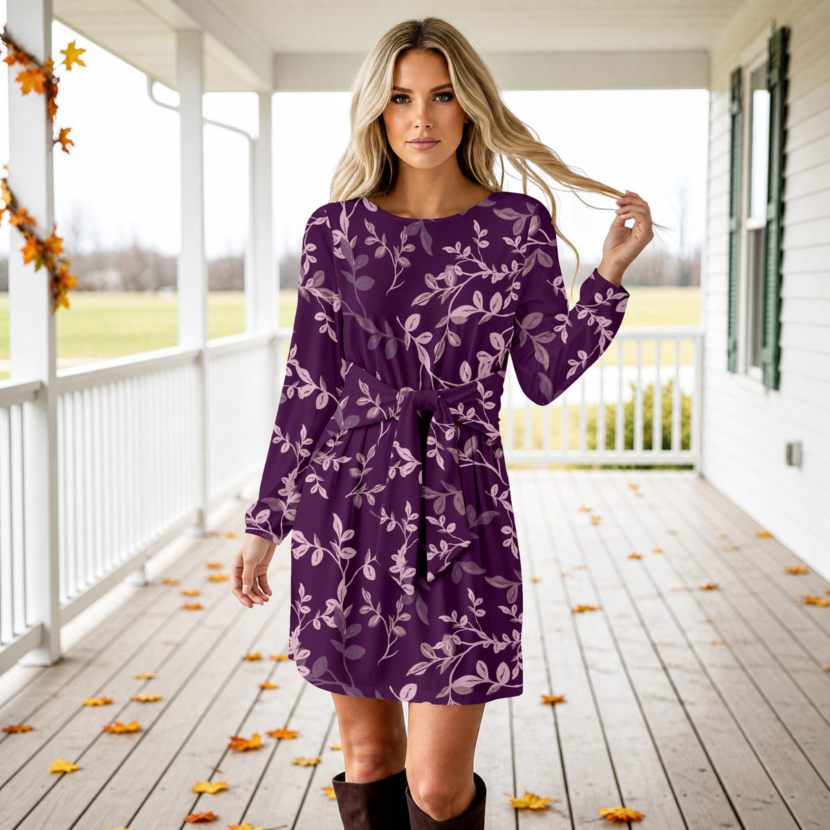 Long Sleeve Front Tie-Waist Dress - Floral